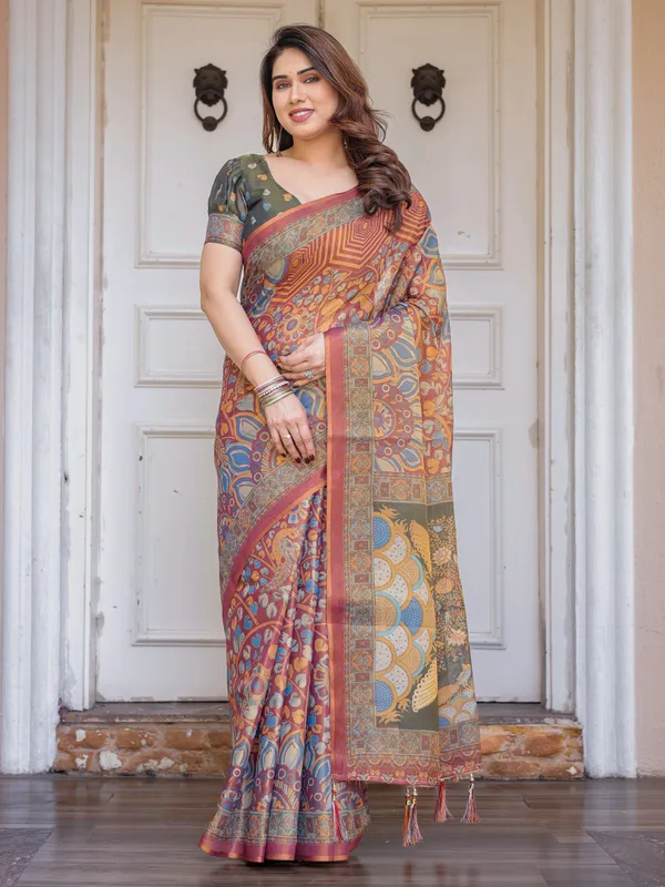 Rust_Maroon_&_Olive_Artistic_Peacock_Printed_Handloom_Cotton_Saree_with_Heritage_Border_&_Tassels_–_Festive_Ethnic_Wear