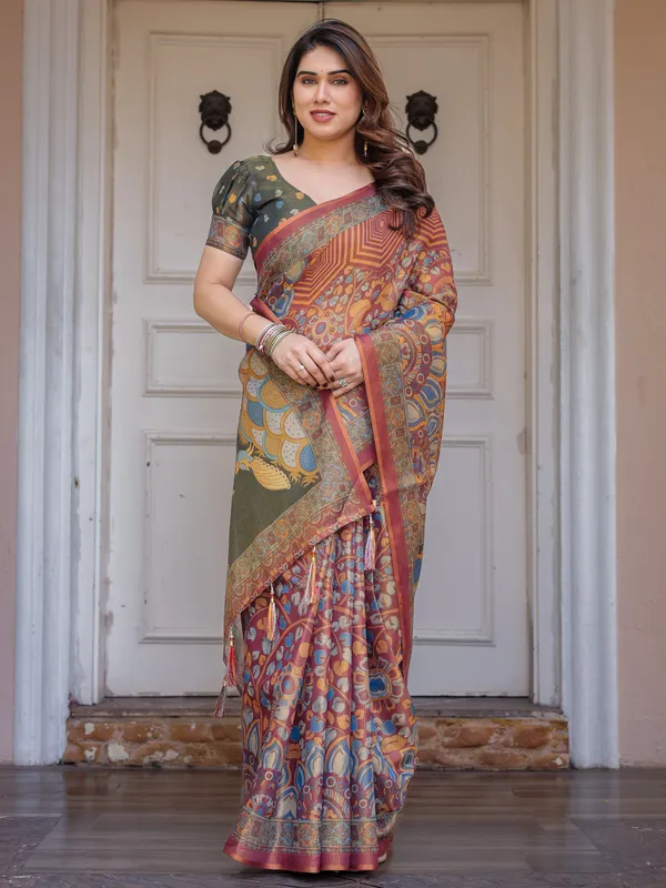 Rust_Maroon_&_Olive_Artistic_Peacock_Printed_Handloom_Cotton_Saree_with_Heritage_Border_&_Tassels_–_Festive_Ethnic_Wear