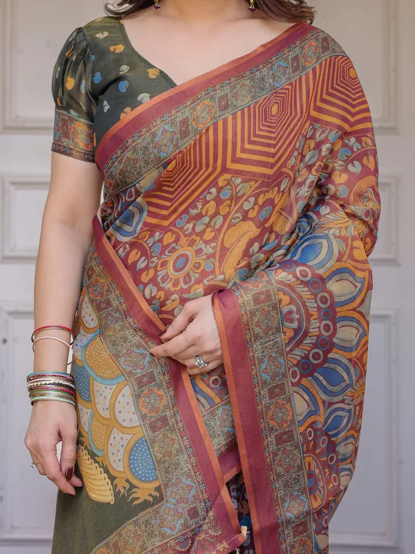 Rust_Maroon_&_Olive_Artistic_Peacock_Printed_Handloom_Cotton_Saree_with_Heritage_Border_&_Tassels_–_Festive_Ethnic_Wear