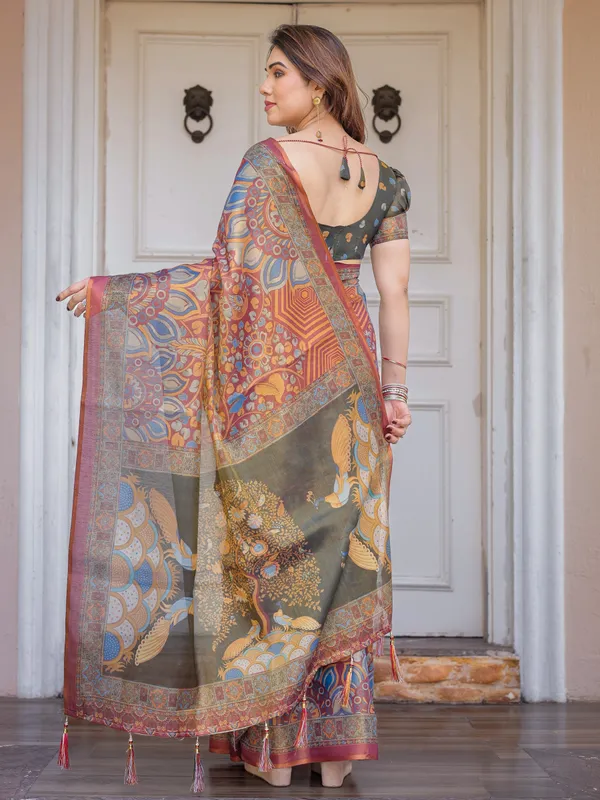 Rust_Maroon_&_Olive_Artistic_Peacock_Printed_Handloom_Cotton_Saree_with_Heritage_Border_&_Tassels_–_Festive_Ethnic_Wear