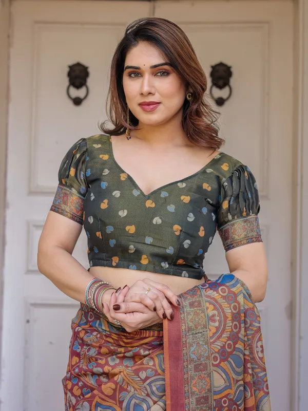 Rust_Maroon_&_Olive_Artistic_Peacock_Printed_Handloom_Cotton_Saree_with_Heritage_Border_&_Tassels_–_Festive_Ethnic_Wear