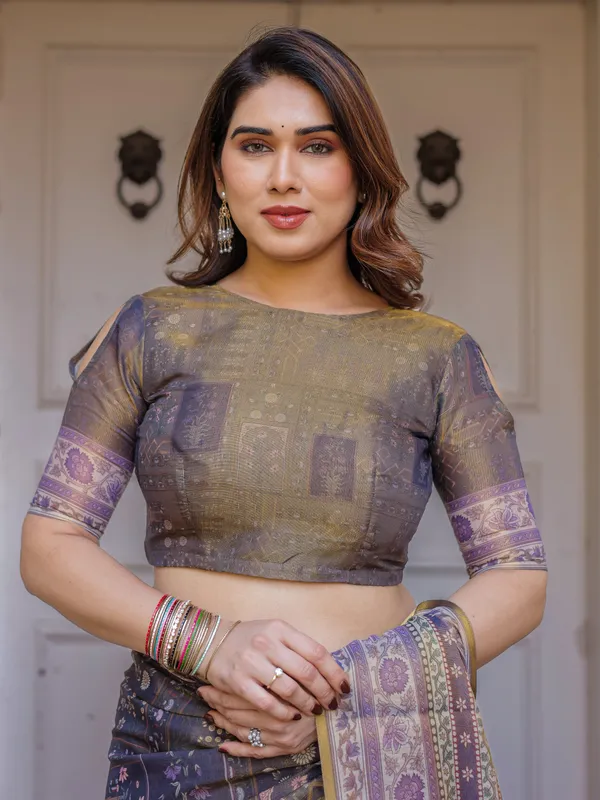 Smoky_Grey_&_Lavender_Floral_Panel_Printed_Handloom_Cotton_Saree_with_Heritage_Border_&_Tassels_–_Elegant_Traditional_Wear