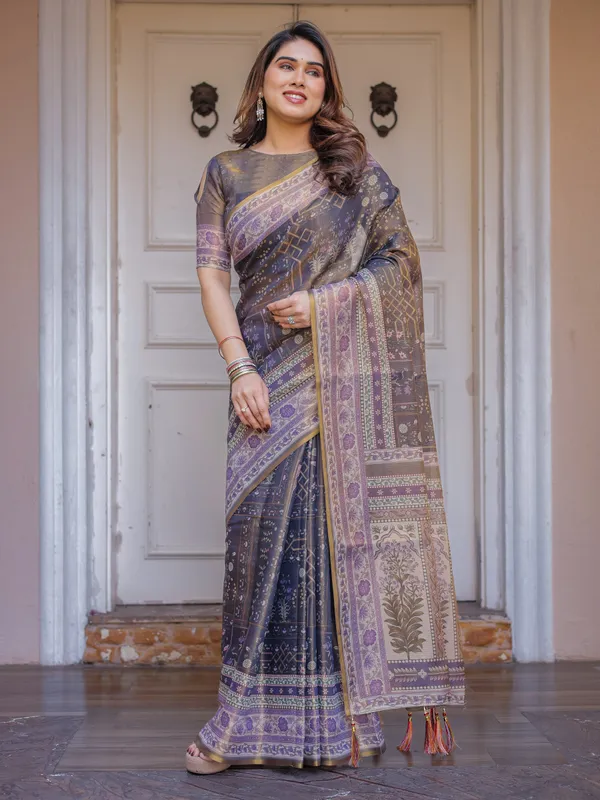Smoky_Grey_&_Lavender_Floral_Panel_Printed_Handloom_Cotton_Saree_with_Heritage_Border_&_Tassels_–_Elegant_Traditional_Wear