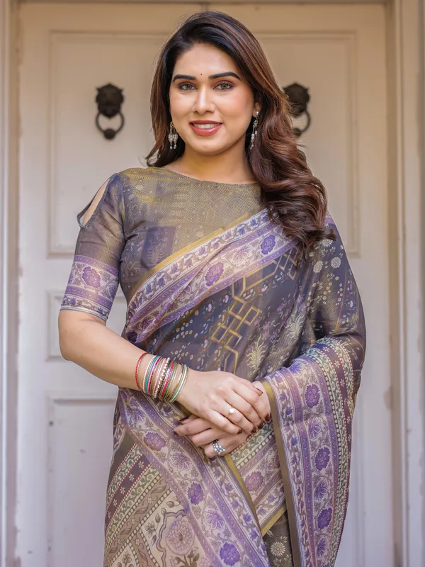 Smoky_Grey_&_Lavender_Floral_Panel_Printed_Handloom_Cotton_Saree_with_Heritage_Border_&_Tassels_–_Elegant_Traditional_Wear