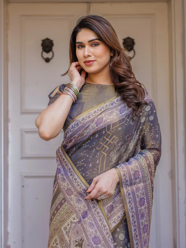 Smoky_Grey_&_Lavender_Floral_Panel_Printed_Handloom_Cotton_Saree_with_Heritage_Border_&_Tassels_–_Elegant_Traditional_Wear
