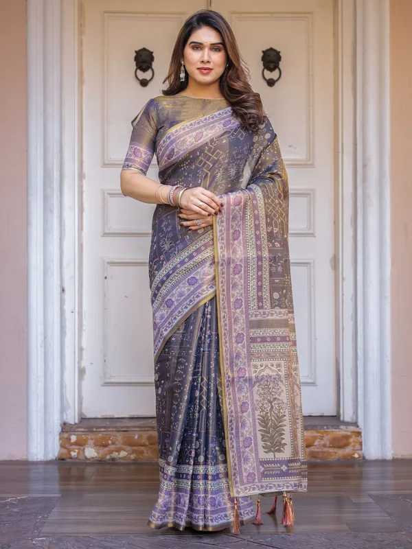 Smoky_Grey_&_Lavender_Floral_Panel_Printed_Handloom_Cotton_Saree_with_Heritage_Border_&_Tassels_–_Elegant_Traditional_Wear