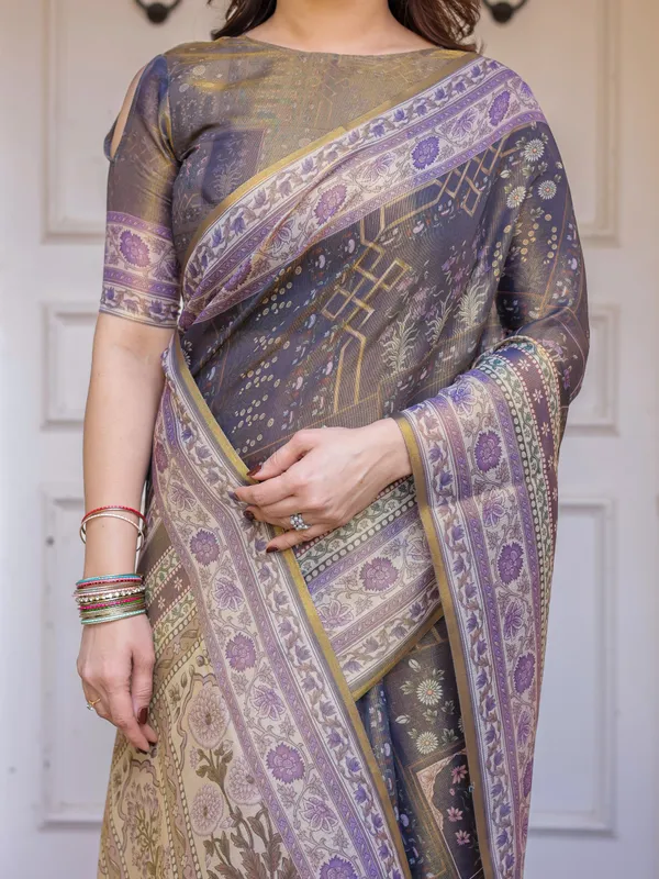 Smoky_Grey_&_Lavender_Floral_Panel_Printed_Handloom_Cotton_Saree_with_Heritage_Border_&_Tassels_–_Elegant_Traditional_Wear