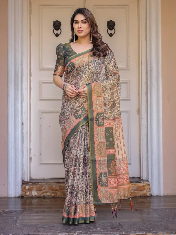 Beige_&_Olive_Green_Paisley_Panel_Printed_Handloom_Cotton_Saree_with_Heritage_Border_&_Tassels_–_Traditional_Festive_Wear