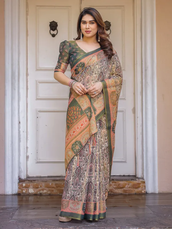 Beige_&_Olive_Green_Paisley_Panel_Printed_Handloom_Cotton_Saree_with_Heritage_Border_&_Tassels_–_Traditional_Festive_Wear