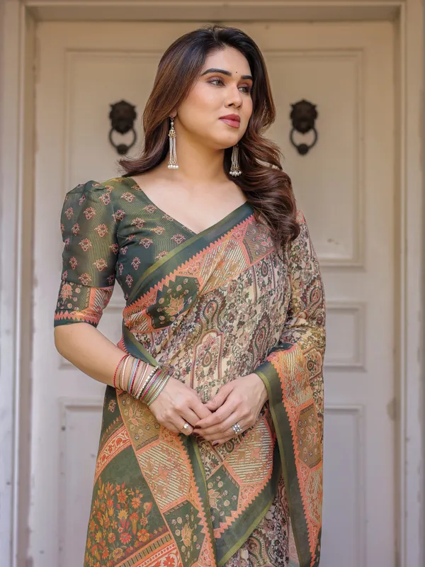 Beige_&_Olive_Green_Paisley_Panel_Printed_Handloom_Cotton_Saree_with_Heritage_Border_&_Tassels_–_Traditional_Festive_Wear