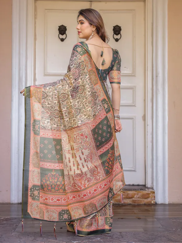 Beige_&_Olive_Green_Paisley_Panel_Printed_Handloom_Cotton_Saree_with_Heritage_Border_&_Tassels_–_Traditional_Festive_Wear