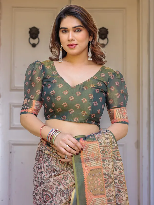 Beige_&_Olive_Green_Paisley_Panel_Printed_Handloom_Cotton_Saree_with_Heritage_Border_&_Tassels_–_Traditional_Festive_Wear