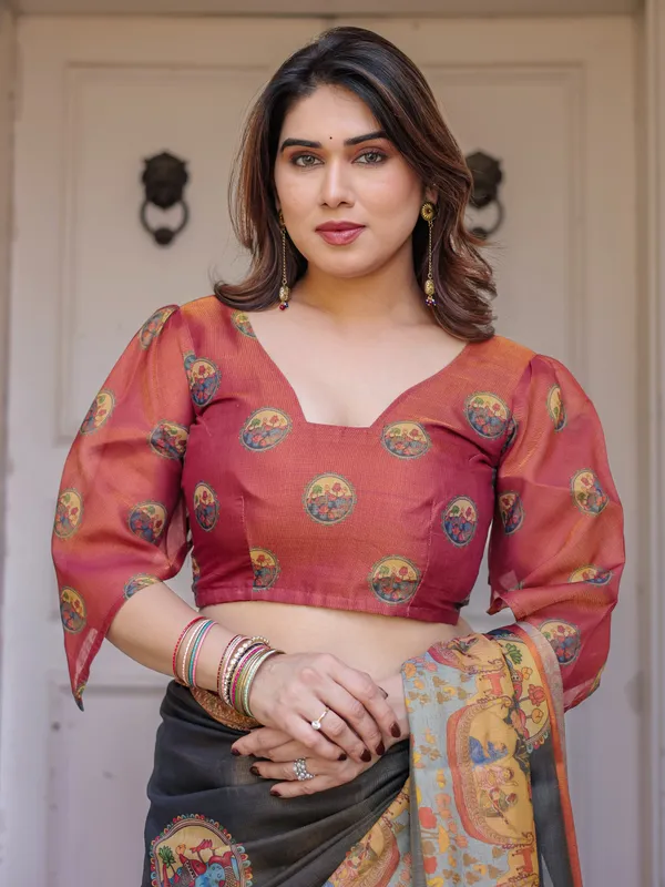 Rust_Red_&_Charcoal_Grey_Traditional_Folk_Art_Printed_Handloom_Cotton_Saree_with_Heritage_Border_&_Tassels_–_Cultural_Festive_Wear