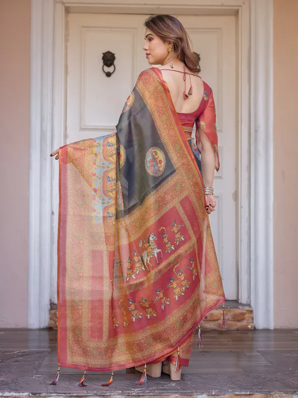 Rust_Red_&_Charcoal_Grey_Traditional_Folk_Art_Printed_Handloom_Cotton_Saree_with_Heritage_Border_&_Tassels_–_Cultural_Festive_Wear