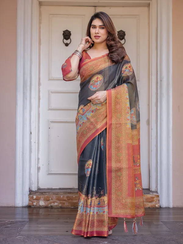 Rust_Red_&_Charcoal_Grey_Traditional_Folk_Art_Printed_Handloom_Cotton_Saree_with_Heritage_Border_&_Tassels_–_Cultural_Festive_Wear