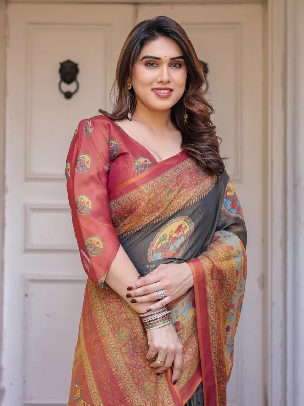 Rust_Red_&_Charcoal_Grey_Traditional_Folk_Art_Printed_Handloom_Cotton_Saree_with_Heritage_Border_&_Tassels_–_Cultural_Festive_Wear