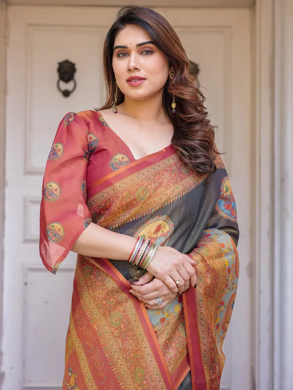 Rust_Red_&_Charcoal_Grey_Traditional_Folk_Art_Printed_Handloom_Cotton_Saree_with_Heritage_Border_&_Tassels_–_Cultural_Festive_Wear