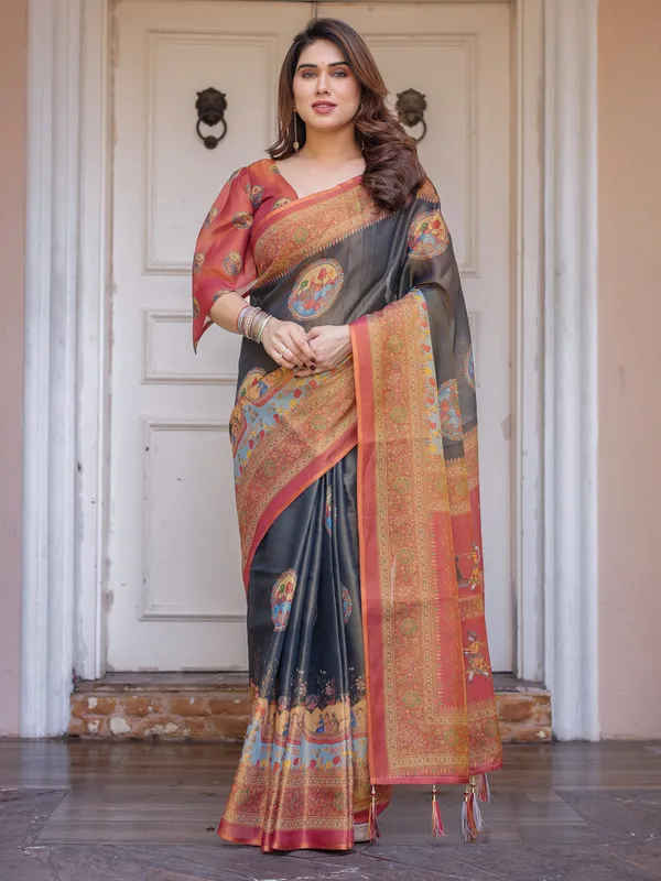Rust_Red_&_Charcoal_Grey_Traditional_Folk_Art_Printed_Handloom_Cotton_Saree_with_Heritage_Border_&_Tassels_–_Cultural_Festive_Wear
