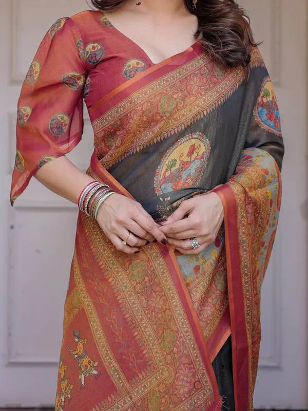 Rust_Red_&_Charcoal_Grey_Traditional_Folk_Art_Printed_Handloom_Cotton_Saree_with_Heritage_Border_&_Tassels_–_Cultural_Festive_Wear