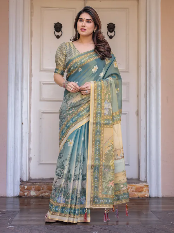 Pastel_Sea-Green_Scenic_Landscape_Printed_Handloom_Cotton_Saree_with_Artistic_Pallu_&_Tassels_–_Elegant_Day_Wear