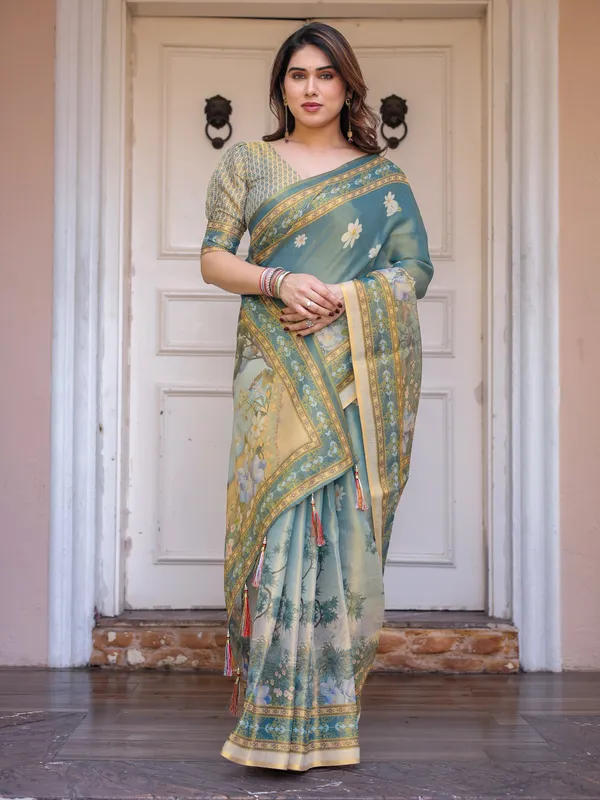 Pastel_Sea-Green_Scenic_Landscape_Printed_Handloom_Cotton_Saree_with_Artistic_Pallu_&_Tassels_–_Elegant_Day_Wear