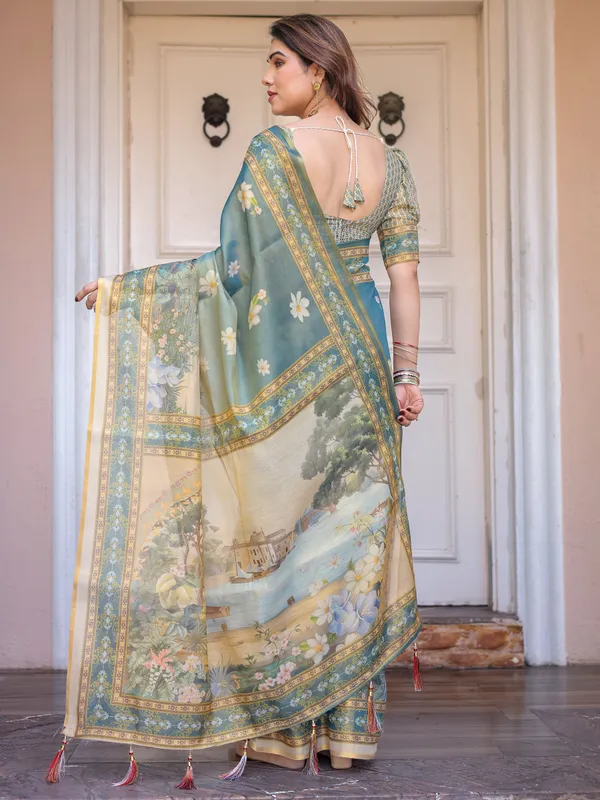Pastel_Sea-Green_Scenic_Landscape_Printed_Handloom_Cotton_Saree_with_Artistic_Pallu_&_Tassels_–_Elegant_Day_Wear