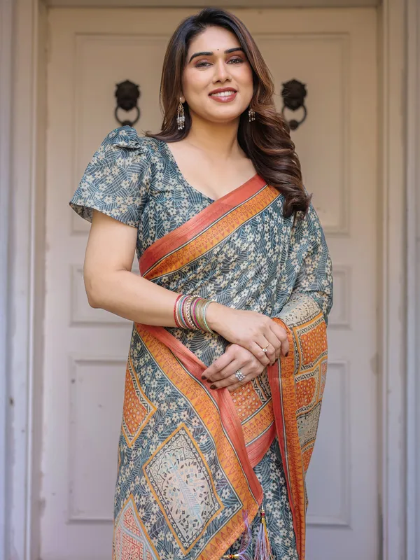 Steel_Grey_&_Rust_Orange_Cotton_Handloom_Printed_Saree_For_Women
