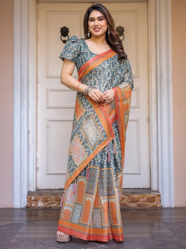 Steel_Grey_&_Rust_Orange_Cotton_Handloom_Printed_Saree_For_Women