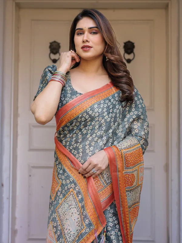 Steel_Grey_&_Rust_Orange_Cotton_Handloom_Printed_Saree_For_Women