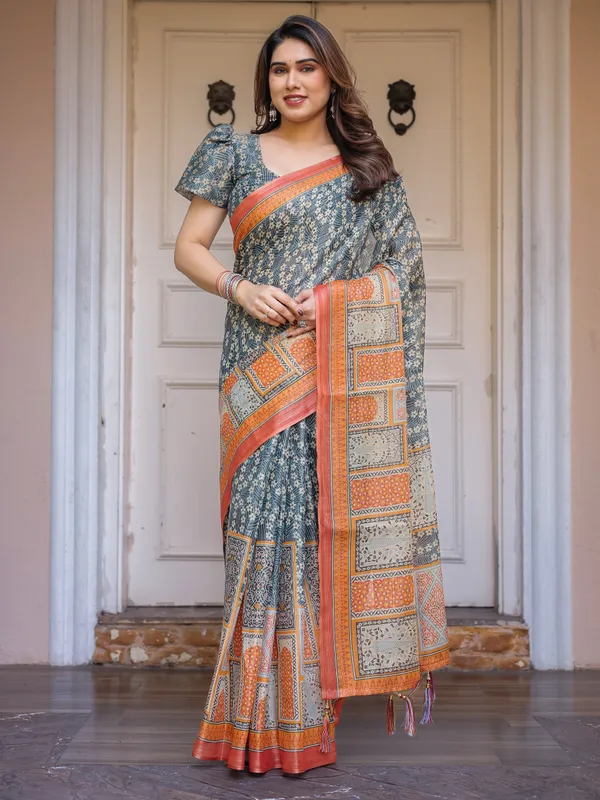 Steel_Grey_&_Rust_Orange_Cotton_Handloom_Printed_Saree_For_Women
