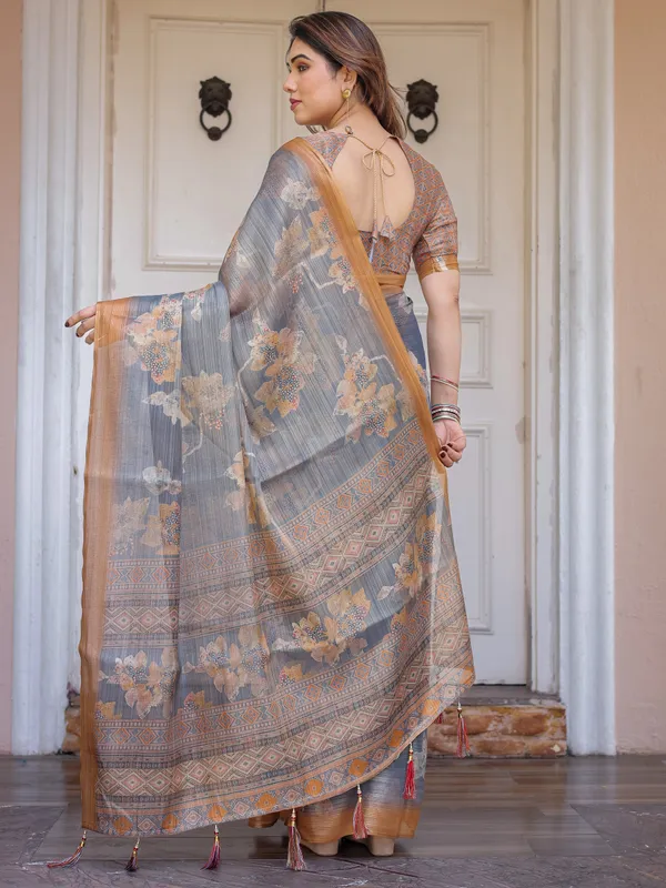 Steel_Grey_&_Rust_Gold_Floral_Handloom_Cotton-Linen_Saree_with_Zari_Border_&_Tassels_–_Elegant_Traditional_Wear