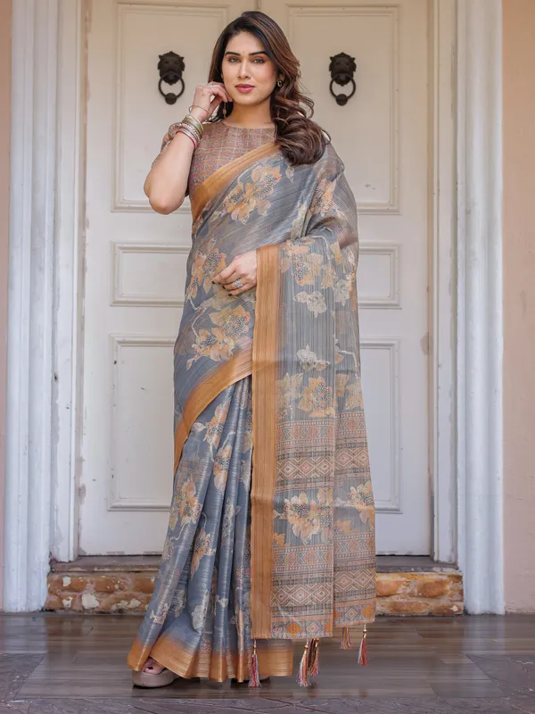 Steel_Grey_&_Rust_Gold_Floral_Handloom_Cotton-Linen_Saree_with_Zari_Border_&_Tassels_–_Elegant_Traditional_Wear