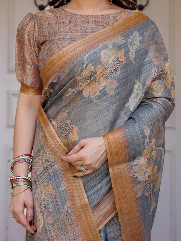 Steel_Grey_&_Rust_Gold_Floral_Handloom_Cotton-Linen_Saree_with_Zari_Border_&_Tassels_–_Elegant_Traditional_Wear