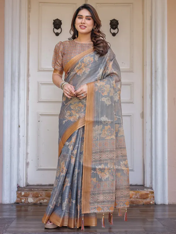 Steel_Grey_&_Rust_Gold_Floral_Handloom_Cotton-Linen_Saree_with_Zari_Border_&_Tassels_–_Elegant_Traditional_Wear