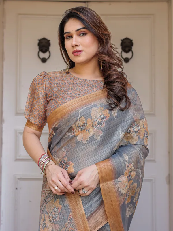 Steel_Grey_&_Rust_Gold_Floral_Handloom_Cotton-Linen_Saree_with_Zari_Border_&_Tassels_–_Elegant_Traditional_Wear