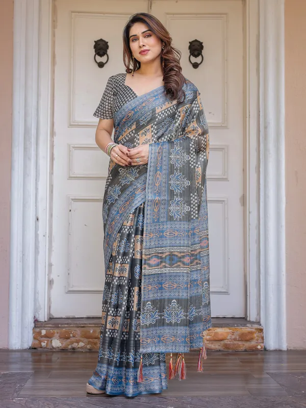 Charcoal_Grey_&_Indigo_Blue_Ethnic_Handloom_Cotton-Linen_Saree_with_Woven_Border_&_Tassels_–_Traditional_Elegant_Wear
