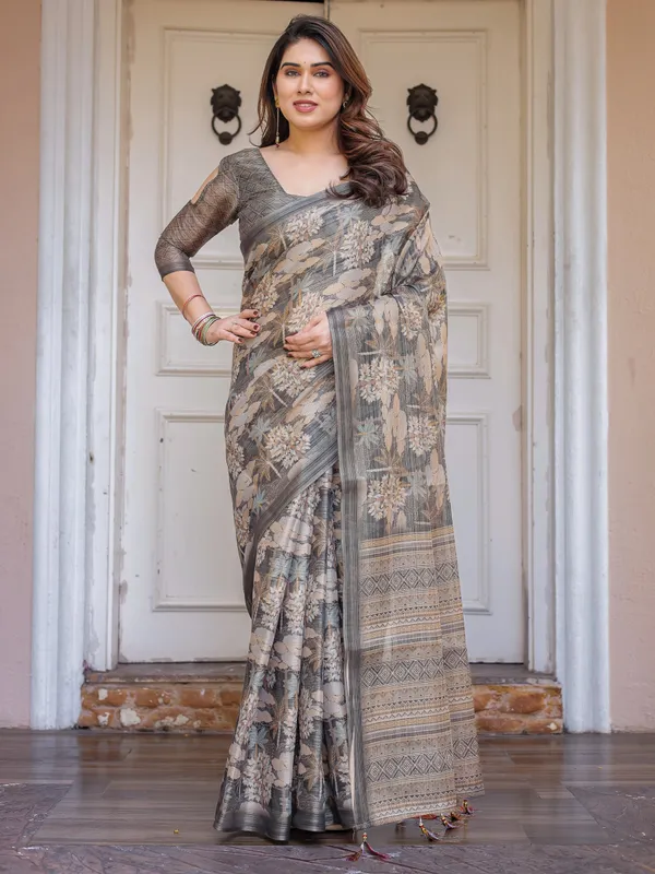 Taupe_Grey_&_Beige_Floral_Handloom_Cotton-Linen_Saree_with_Woven_Pallu_&_Tassels_–_Classic_Ethnic_Wear