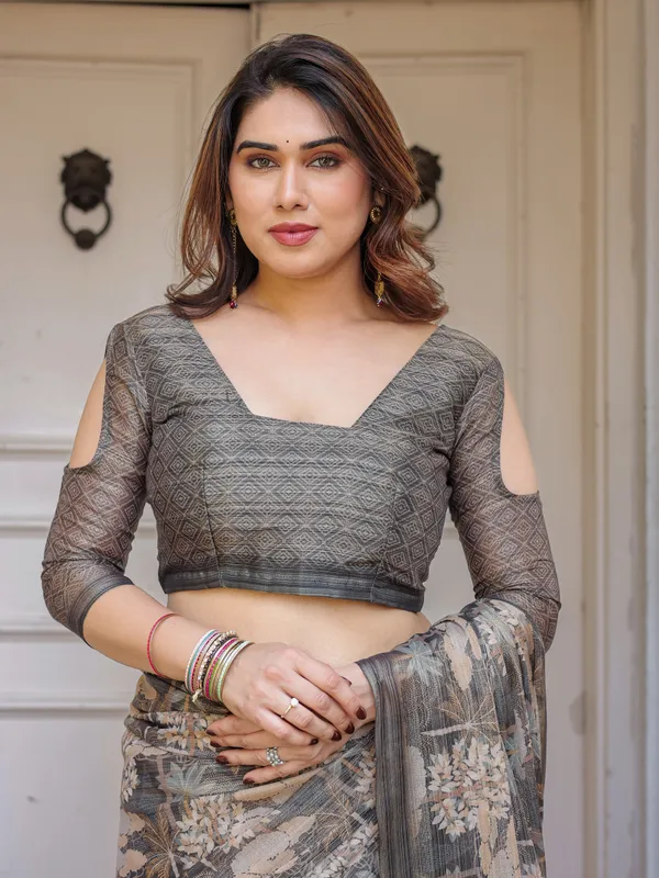 Taupe_Grey_&_Beige_Floral_Handloom_Cotton-Linen_Saree_with_Woven_Pallu_&_Tassels_–_Classic_Ethnic_Wear
