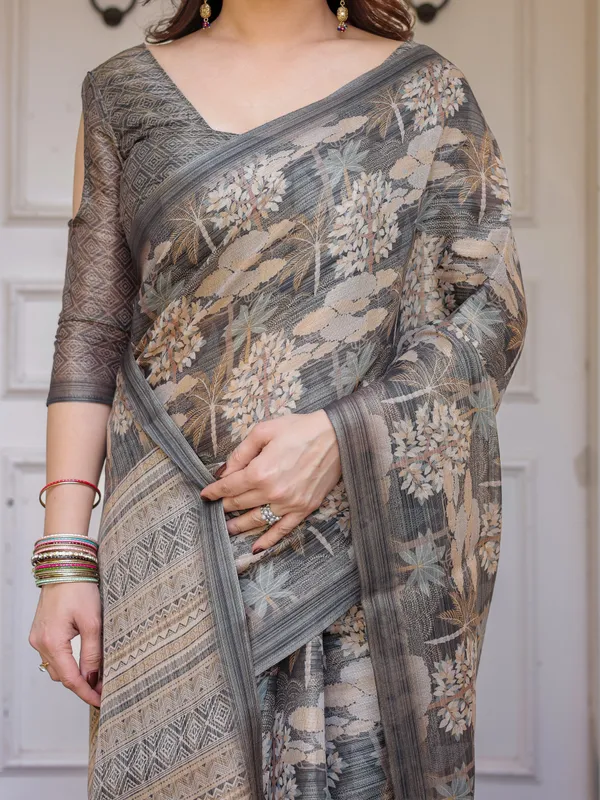 Taupe_Grey_&_Beige_Floral_Handloom_Cotton-Linen_Saree_with_Woven_Pallu_&_Tassels_–_Classic_Ethnic_Wear