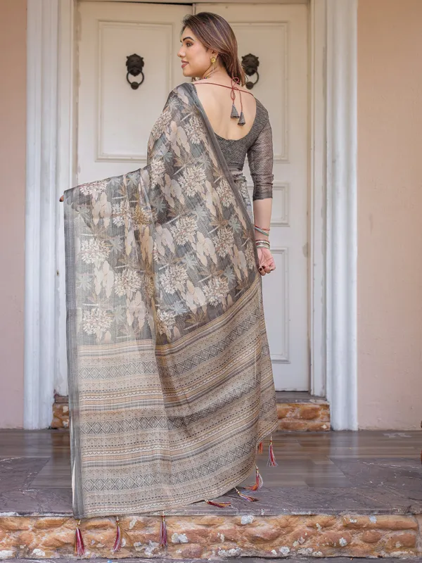 Taupe_Grey_&_Beige_Floral_Handloom_Cotton-Linen_Saree_with_Woven_Pallu_&_Tassels_–_Classic_Ethnic_Wear