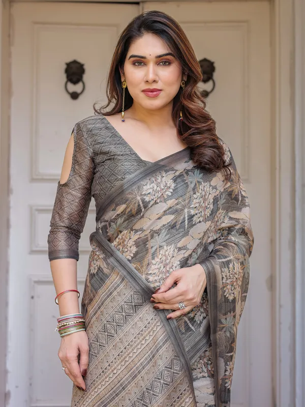 Taupe_Grey_&_Beige_Floral_Handloom_Cotton-Linen_Saree_with_Woven_Pallu_&_Tassels_–_Classic_Ethnic_Wear