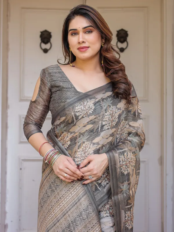 Taupe_Grey_&_Beige_Floral_Handloom_Cotton-Linen_Saree_with_Woven_Pallu_&_Tassels_–_Classic_Ethnic_Wear