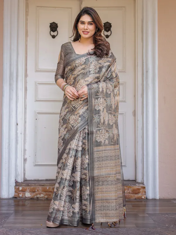 Taupe_Grey_&_Beige_Floral_Handloom_Cotton-Linen_Saree_with_Woven_Pallu_&_Tassels_–_Classic_Ethnic_Wear