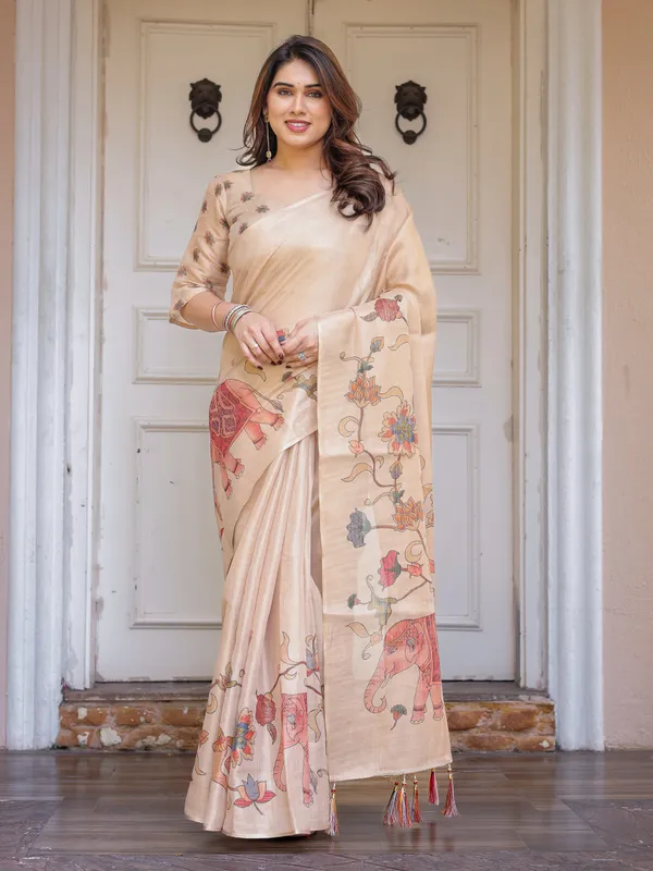 Beige_Cotton-Linen_Handloom_Elephant_Horse_Motif_Printed_Saree_For_Women