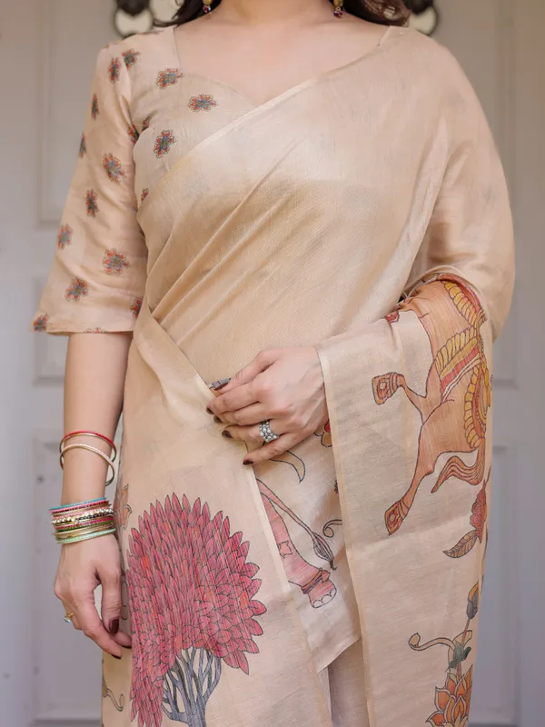 Beige_Cotton-Linen_Handloom_Elephant_Horse_Motif_Printed_Saree_For_Women