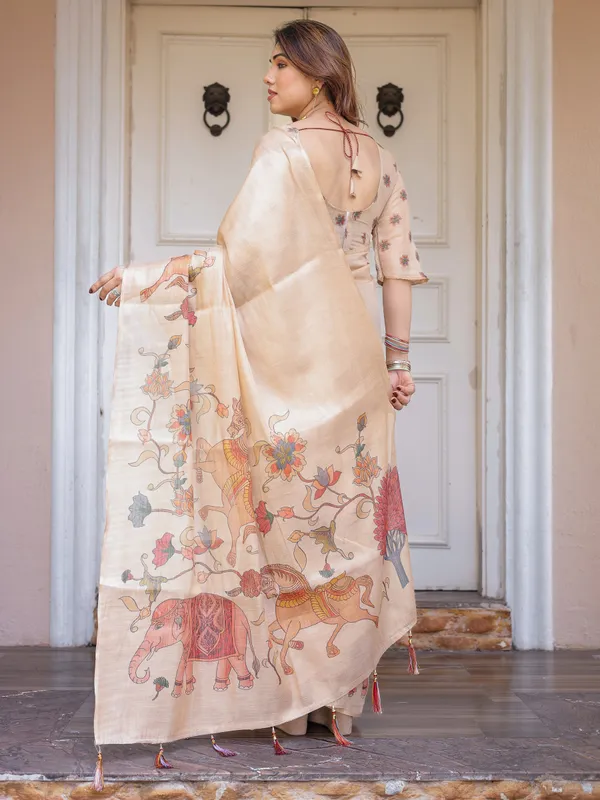 Beige_Cotton-Linen_Handloom_Elephant_Horse_Motif_Printed_Saree_For_Women