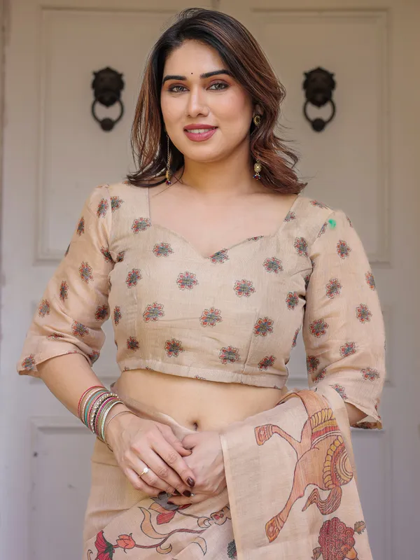 Beige_Cotton-Linen_Handloom_Elephant_Horse_Motif_Printed_Saree_For_Women