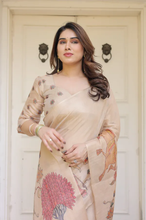 Beige_Cotton-Linen_Handloom_Elephant_Horse_Motif_Printed_Saree_For_Women