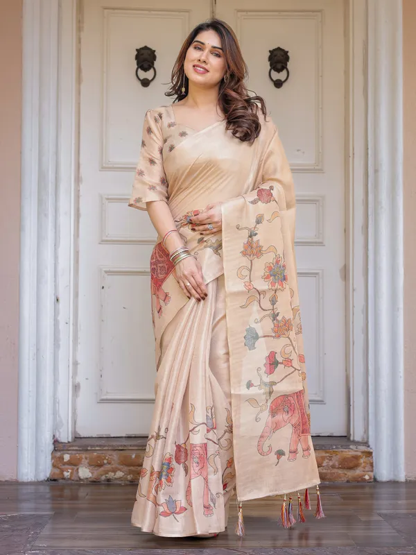 Beige_Cotton-Linen_Handloom_Elephant_Horse_Motif_Printed_Saree_For_Women