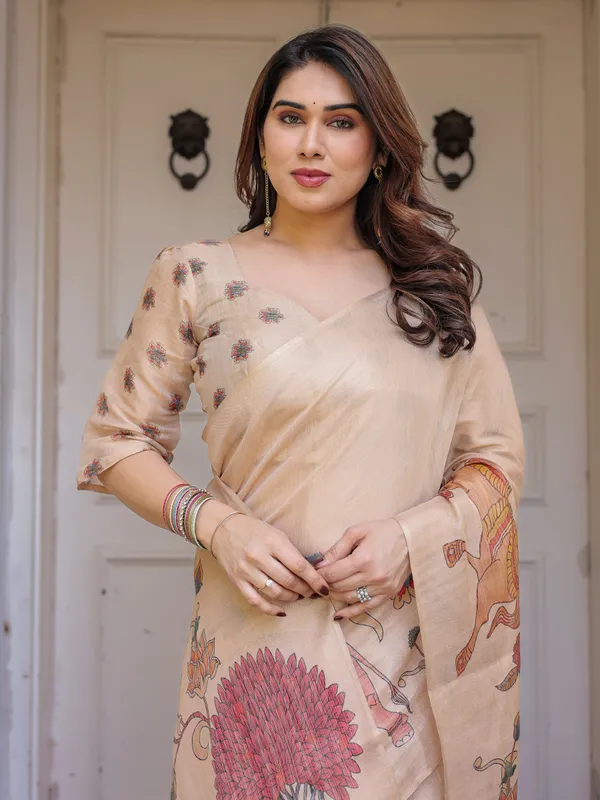 Beige_Cotton-Linen_Handloom_Elephant_Horse_Motif_Printed_Saree_For_Women